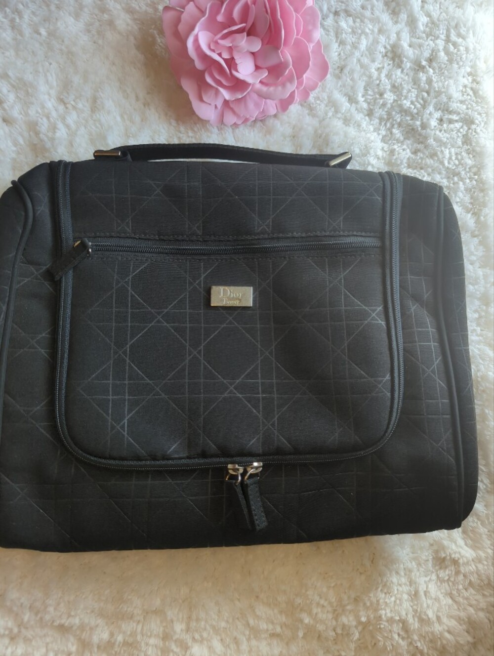 Dior Black Signature Quilted Travel Toiletry Tech Makeup Organizer With Mirror